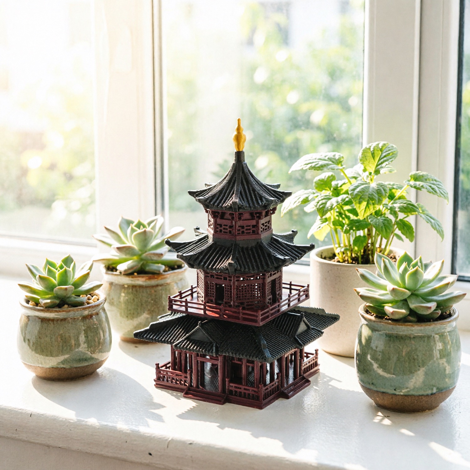 Model pagoda styled on a sunlit windowsill